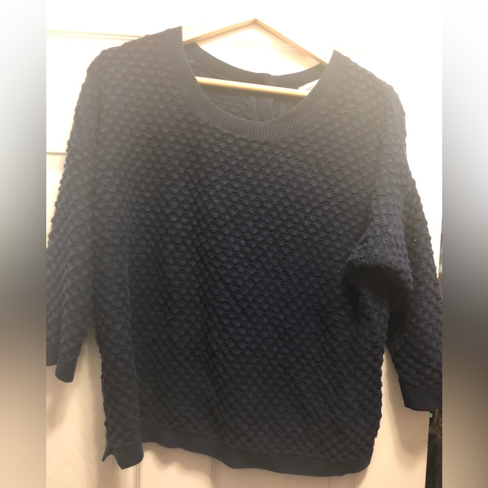 Navy smart set sweater, white functional buttons down the back